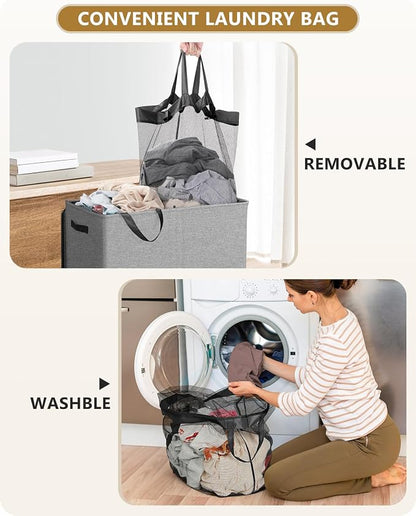 SOLEDI Double Laundry Hamper with Lid, 130L Clothes Hamper 2 Section, Laundry Basket with Removable bag, Bed room decor aesthetic, laundry room organization, Home and dorm room essentials