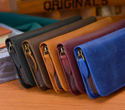 Asvine Fountain Pen Case 3 Divided Slots Crazy Horse Leather Pen Holder, Handmade Display Zippered Pouch for Rollerball Pen-Wine