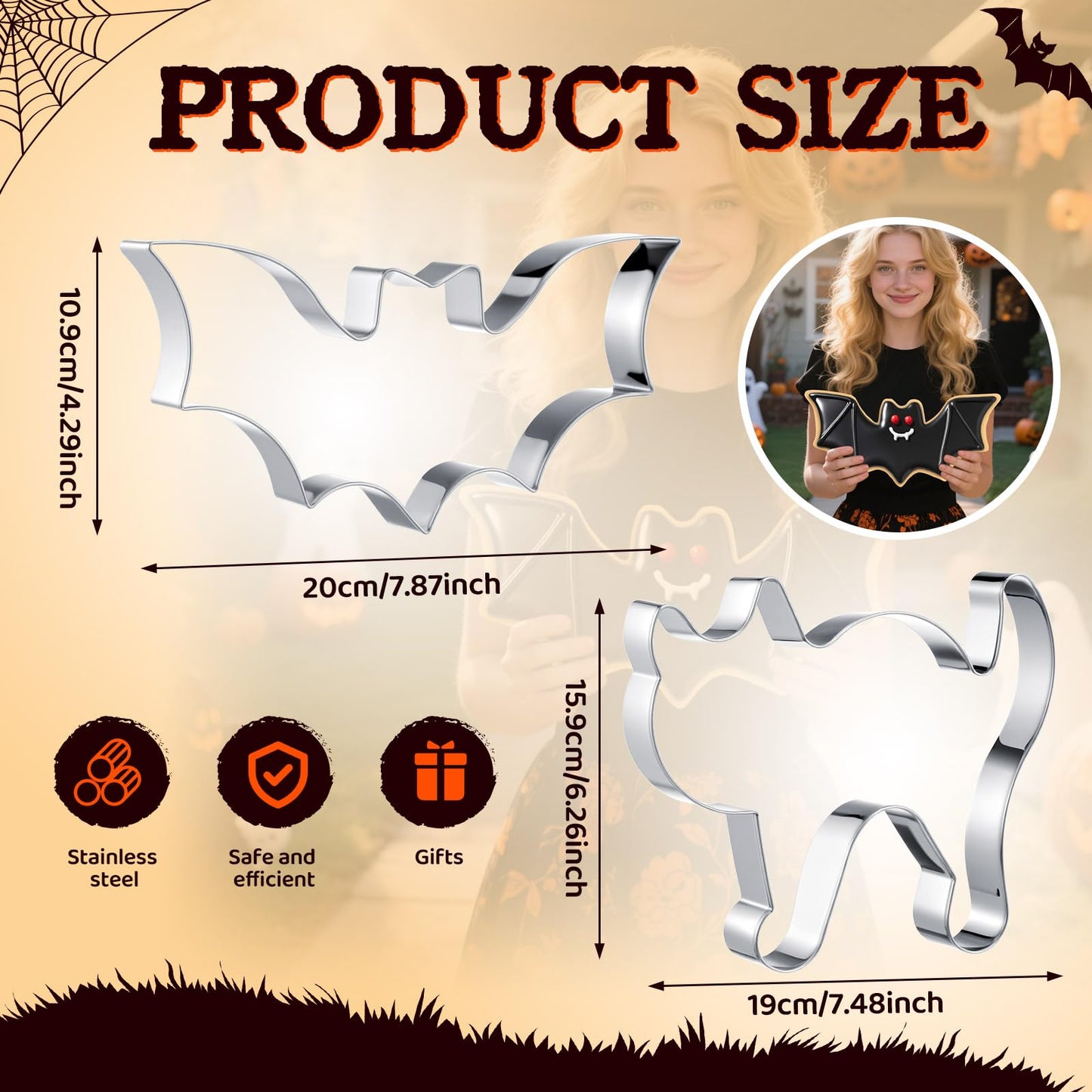 Teenyyou 2 Pcs Extra Large 8" Halloween Cookie Cutters Including Scared Cat and Bat Shaped Stainless Steel Mold Cutters for Halloween Holiday Baking