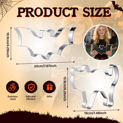 Teenyyou 2 Pcs Extra Large 8" Halloween Cookie Cutters Including Scared Cat and Bat Shaped Stainless Steel Mold Cutters for Halloween Holiday Baking