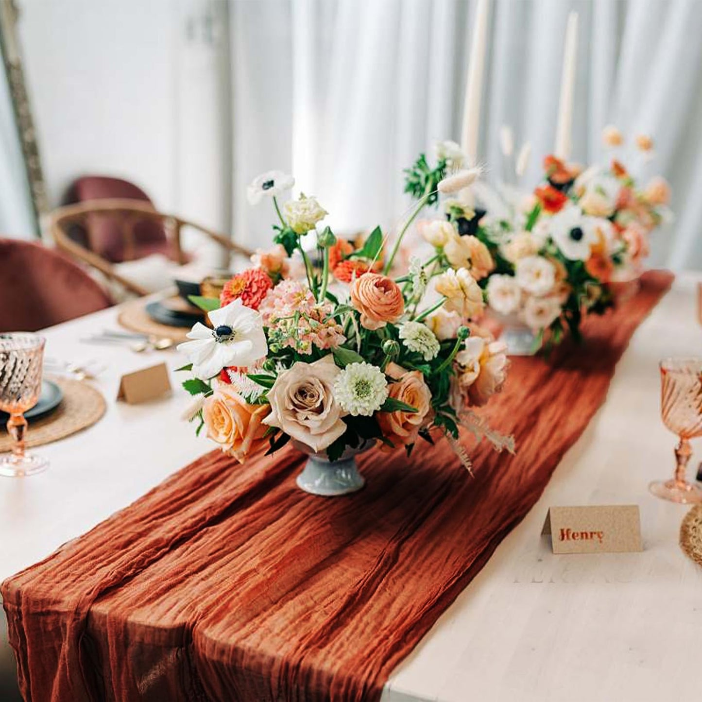 6 Pack Terracotta Cheesecloth Table Runner 35 x 120 inch Boho Rustic Gauze Table Runner 10 FT Long, Semi Sheer Cheese Cloth Runner for Wedding Party Banquet Baby Shower Birthday Decoration