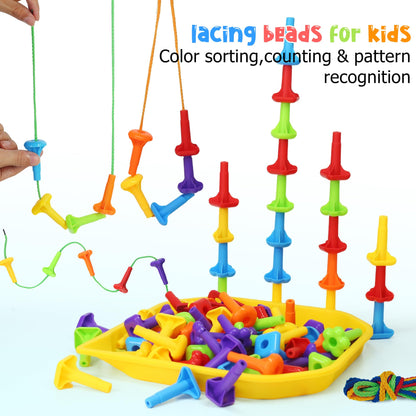 Ggiibro Peg Board Toy Set 101Pcs DIY Building Stacking Toys for Kids 3-6 Years Old,STEM Educational Kids Toy for Brain Development,Montessori Sensory Toys,Plastic Lacing String Game