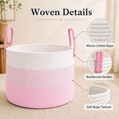 JMvicyroam 65L Extra Large Blanket Basket for Living Room - Woven Cotton Rope Laundry Hamper with Reinforced Handles - Storage Bin for Pillows, Comforters & Toys - Machine Washable,White&Pink Mix
