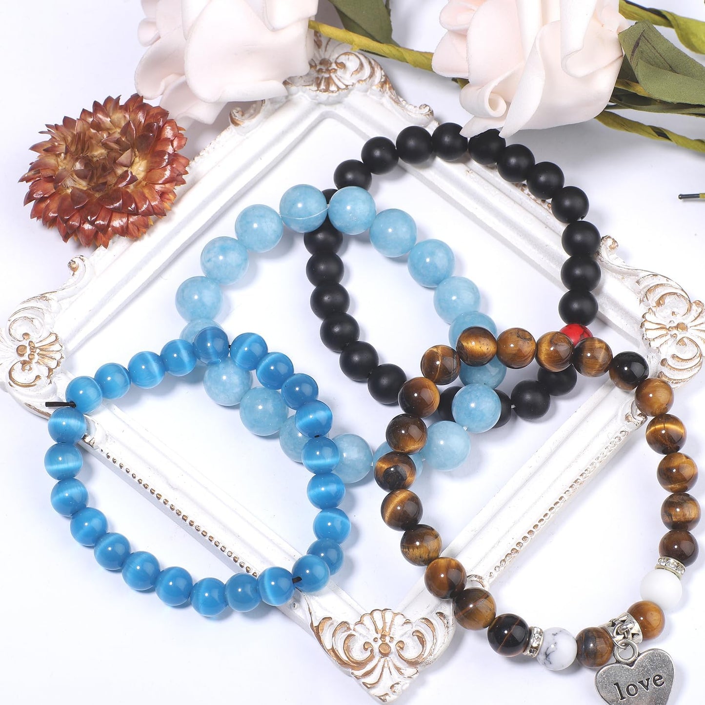 100Pcs 8mm Natural Smooth Flame Stone Gemstone Beads Round Loose Stone Beads for Jewerly Making with Crystal Stretch Cord