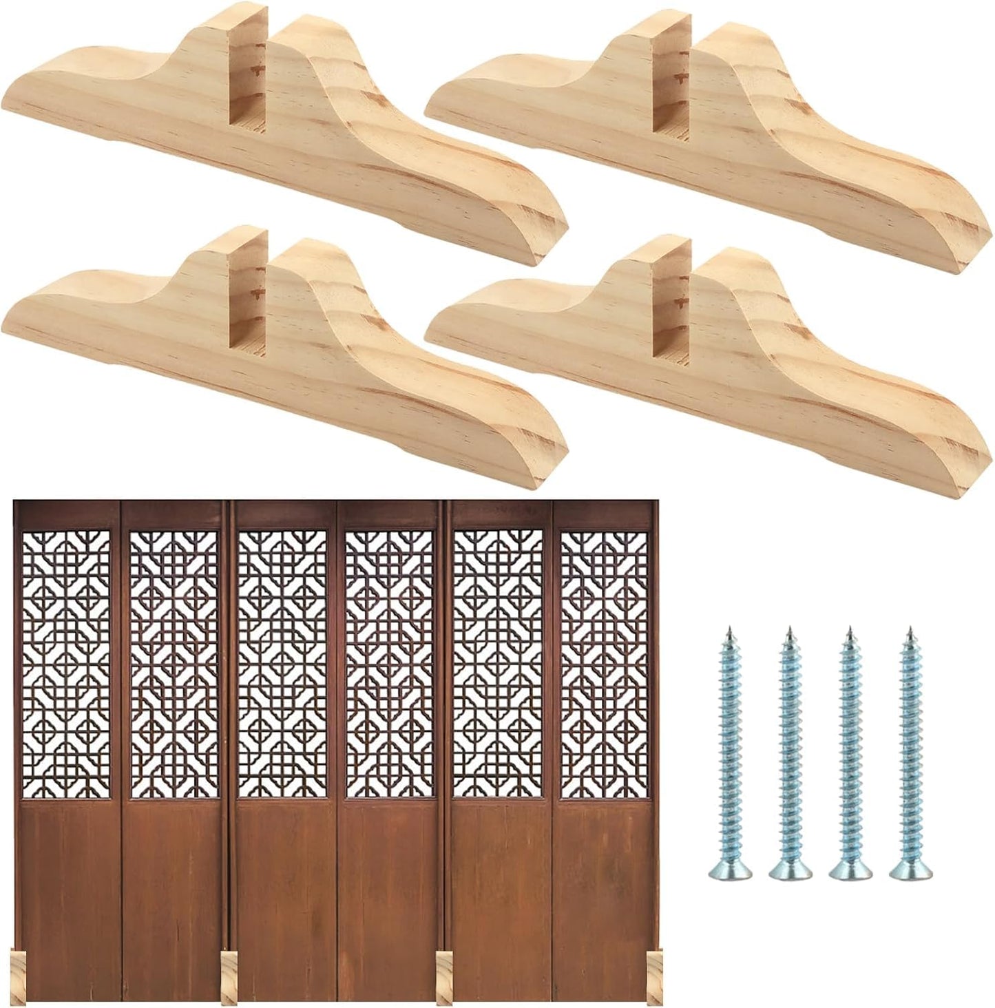 4pcs Folding Room Divider Stand,Wooden Room Divider Stand with Screws,Folding Privacy Screen Holder, Room Screen Holder Feet Partition for Hotel Home Office (Wood)