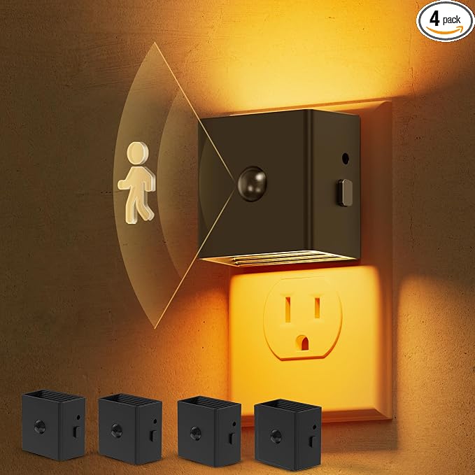 L LOHAS LED Motion Sensor Night Light, [4-Pack] Motion Activated Night Light, Motion Sensor and Dusk to Dawn Sensor, Brightness Adjustable,Amber Nightlight for Bathroom Hallway Kitchen