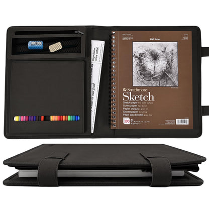 Plinyvel Leather Sketchbook Cover for 9x12 - Travel Portfolio Case with Storage, Holds Large Sketch Book & Spiral Pad | All-in-One Artist Organizer with Pencil Holder (Black)