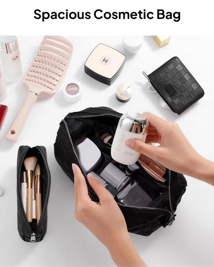TOPEAST Travel Makeup Bag Cosmetic Bags for Women, 3 Pcs Set Make Up Toiletry Bag with Removable Zip Pouch, Waterproof Leather Makeup Brush Organizer for Travel Essentials, Black