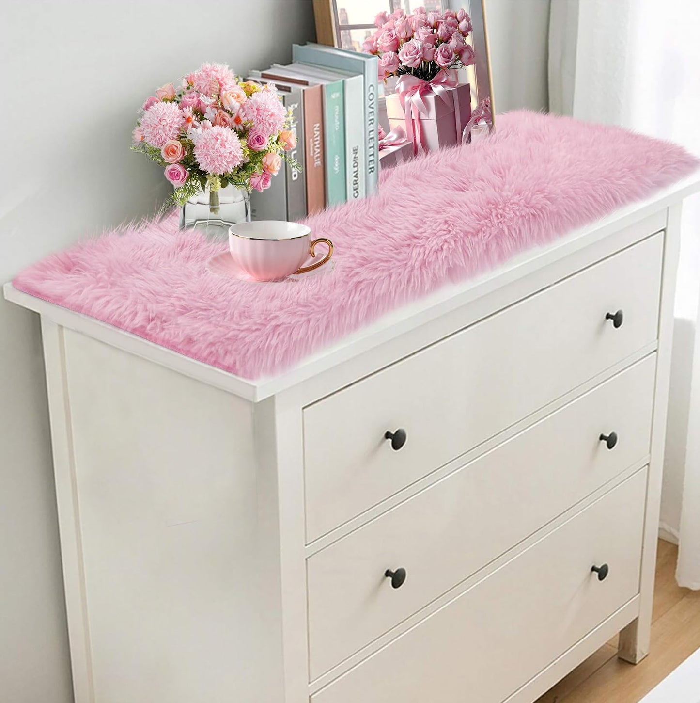 tiosggd Pink Table Runner 12x36 inch, Soft Fluffy Faux Fur Dresser Scarf for Bedroom, Coffee Table, Small Nightstand Cover, Pastel Pink Home Decor for Spring, Birthday, Wedding, Bridal Shower Party