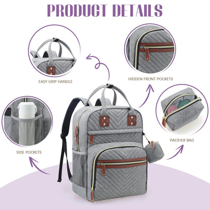 Tuwubi Diaper Bag Backpack, Baby Essentials Travel Tote Bag, Multi function Waterproof Backpacks, Travel Essentials with Stroller Straps & Pacifier Case - Grey