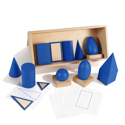Premium Montessori Geometric Solids with Matching Cards – Solid Beechwood 3D Shapes, Plane Figures, Stands & Cards, Sensorial Geometry Materials for Spatial Awareness, Homeschool Classroom Kids 3-9