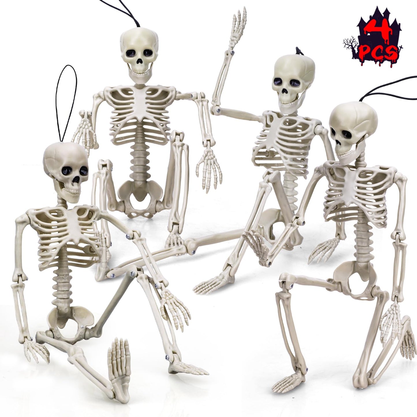 TOY Life 4 Pcs Halloween Skeleton 16" Posable Skeleton Decor, Full Body Posable Joints Outdoor Skeletons, Halloween Skeletons Decorations Outdoor Indoor, Plastic Hanging Skeleton Decorations