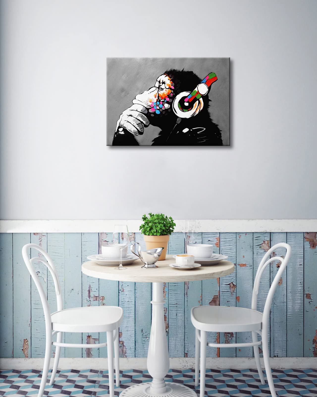 Wieco Art Black Framed Monkey With Headphones Banksy Graffiti Art Abstract Canvas Paintings Prints Animal Canvas Wall Art for Wall Decor and Home decorations Office Decor