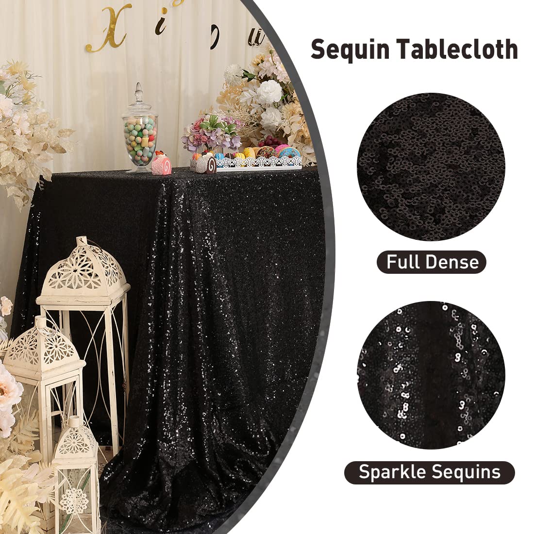 Poise3EHome Black Sequin Tablecloth,60×102 Inch Rectangle Sparkly Fabric Table Cloth for Halloween Birthday Wedding Party Holiday Decoration