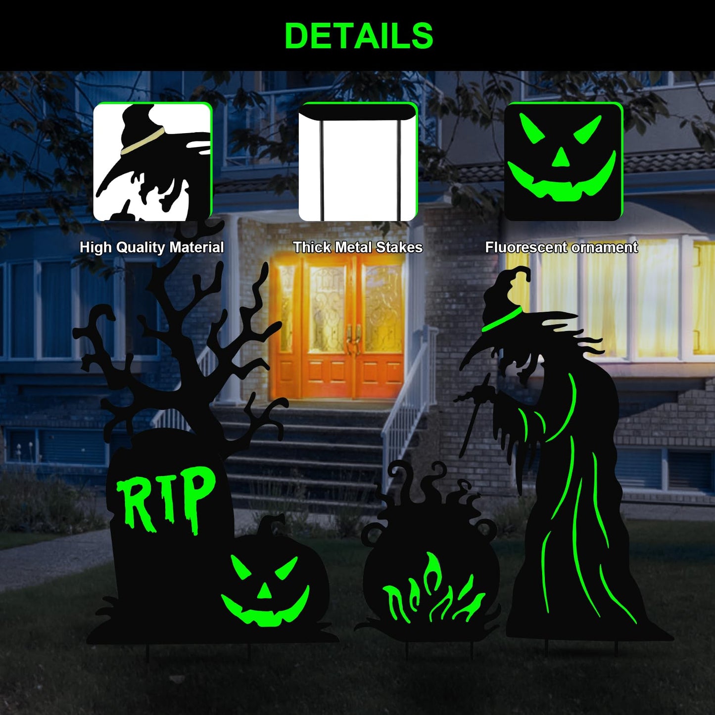 Halloween Yard Signs Outdoor Decorations，3 Pack Warerproof Scary Witch Tombstone Cauldron Fluorescent Metal Stakes Glow in The Dark for Lawn Garden Halloween Decor (Witch Tombstone Cauldron)