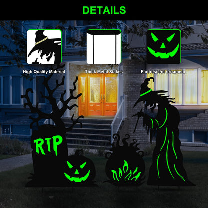 3 Pack Halloween Yard Signs Outdoor Decorations - Glow in the Dark Scary Witch Tombstone Cauldron Metal Stakes, Waterproof Fluorescent Lawn Garden Halloween Decor for Graveyard Party (Large Witch Tombstone Cauldron, 3 Pack)