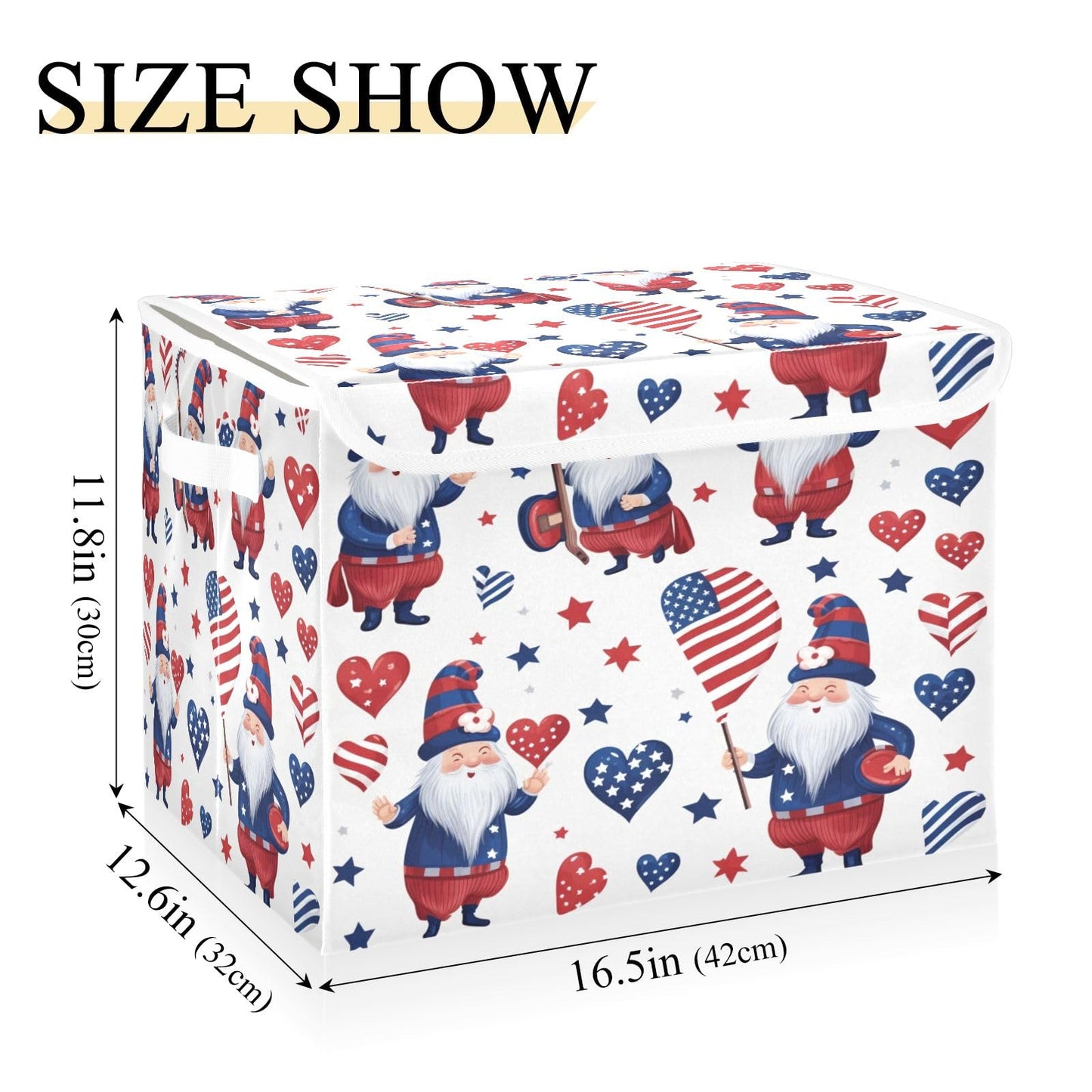 Storage Bins with Lids and Handles,American Day Flag Stars Gnomes Storage Box Storage Basket with Cover Collapsible Organizer Containers for Home Closet, Shelves