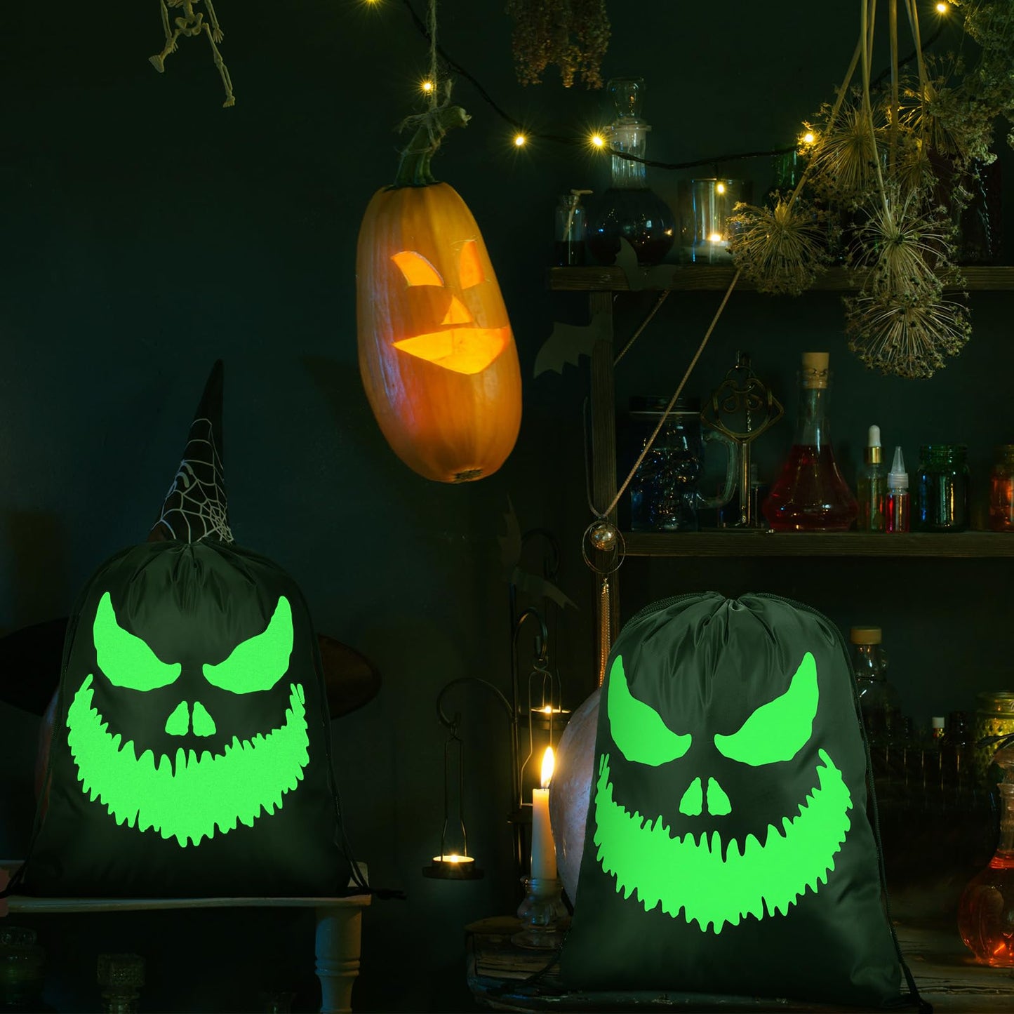 Kingdder 2 Pcs Halloween Glow in The Dark Ghost Bag 16.5 x 13.4 Inch Treat Bags with Drawstrings Cloth Candy Sack Luminous Reusable Tote Bags for Halloween Party Favors Supplies Gift (Fierce)