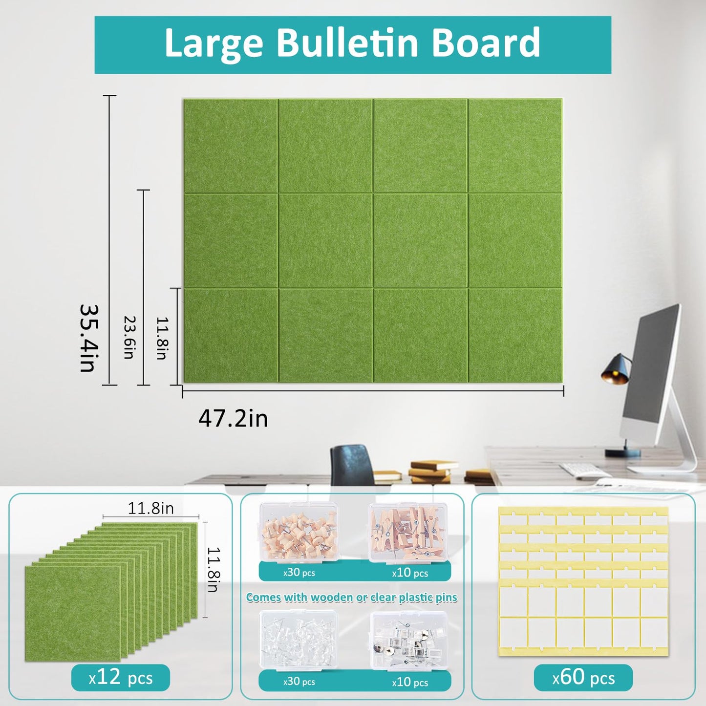 Bounmer Large Bulletin Board 48" x 36" - 12 Pack Felt Wall Tiles with 60 Pcs Safe Removable Adhesive Tabs & 30 Pcs Pushpins, Cork Board for Office, School (Green)