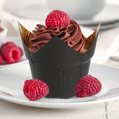 uxcell 50 Pcs Tulip Baking Cups Cupcake Muffins Liners Aluminum Foil Paper Greaseproof Wrappers for Weddings Birthday Party Festivals Christmas, Gold/White, Gold/Black