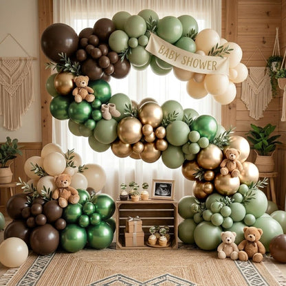 Sage Green Brown Safari Balloons, 60PCS Dusty Olive Green Coffee Beige Metallic Gold Eucalyptus Latex Balloon, Camo Army Hunting Balloons for Woodland Baby Shower Birthday Party Decorations Supplies