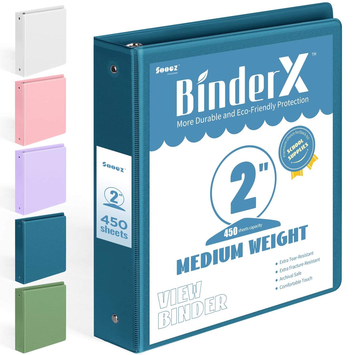BinderX Extra Durable 3 Ring Binder, Round Ring 2 Inch Binders, Fits 450 Sheets of 8.5x11 Paper, Customizable View Cover with Inside Pockets, Cute 2" Binder, School Supplies for Girls, Navy Blue