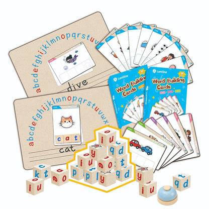 Magnetic CVC Letter Cubes Writing Boards Set. 32 Magnet ABC Blocks, 2 Magnetic Spelling Boards, 100 Word Building Cards, CVC/CVCC Literacy Spelling Reading Alphabet Manipulative Phonemic Awareness