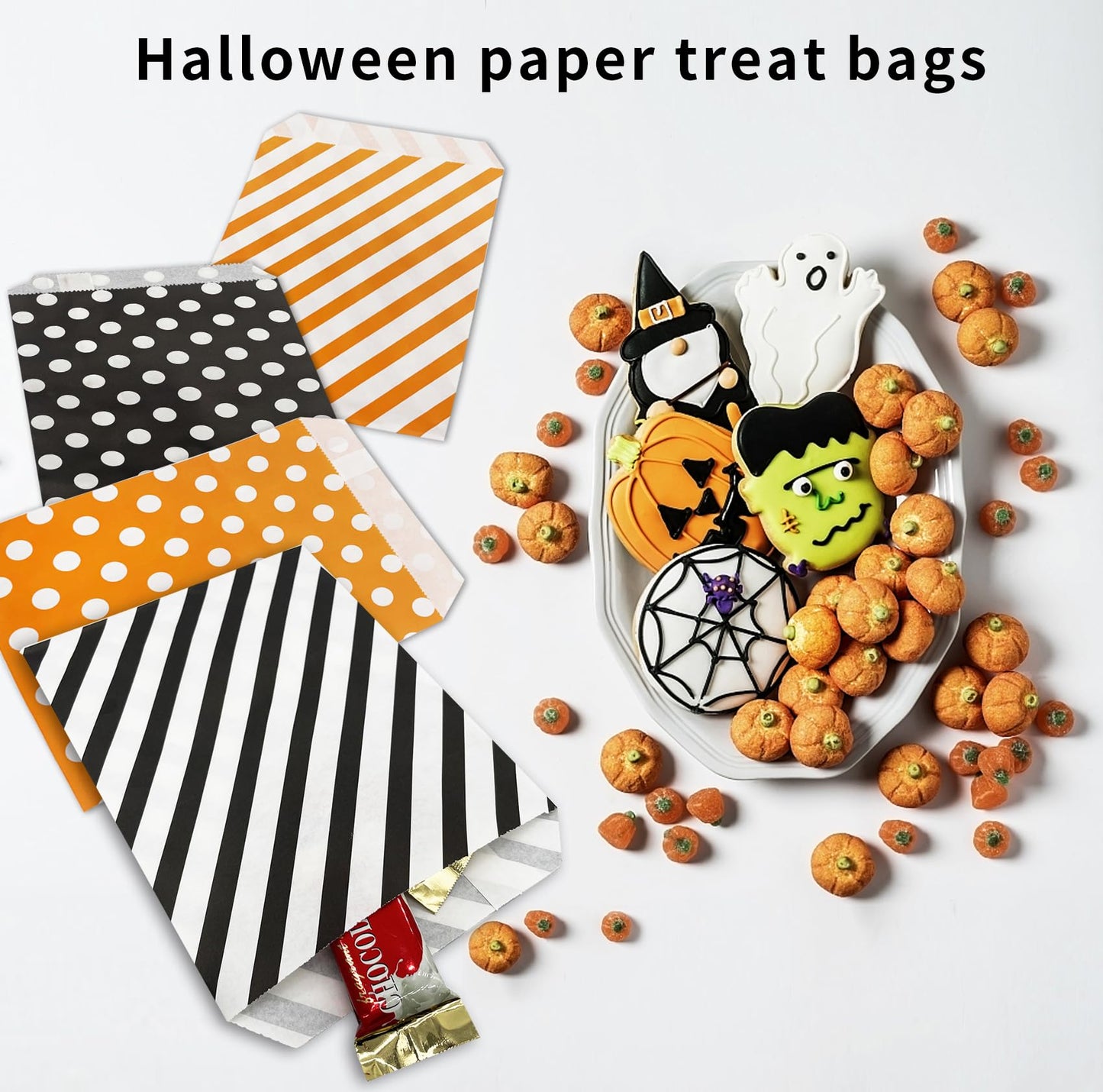 Jexila 100-Pack Halloween Treat Bags - Orange & Black Polka Dot Striped Pattern Paper Goodie Bags for Kids Trick or Treat Party Favors