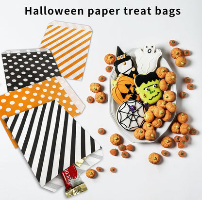 Jexila 100-Pack Halloween Treat Bags - Orange & Black Polka Dot Striped Pattern Paper Goodie Bags for Kids Trick or Treat Party Favors