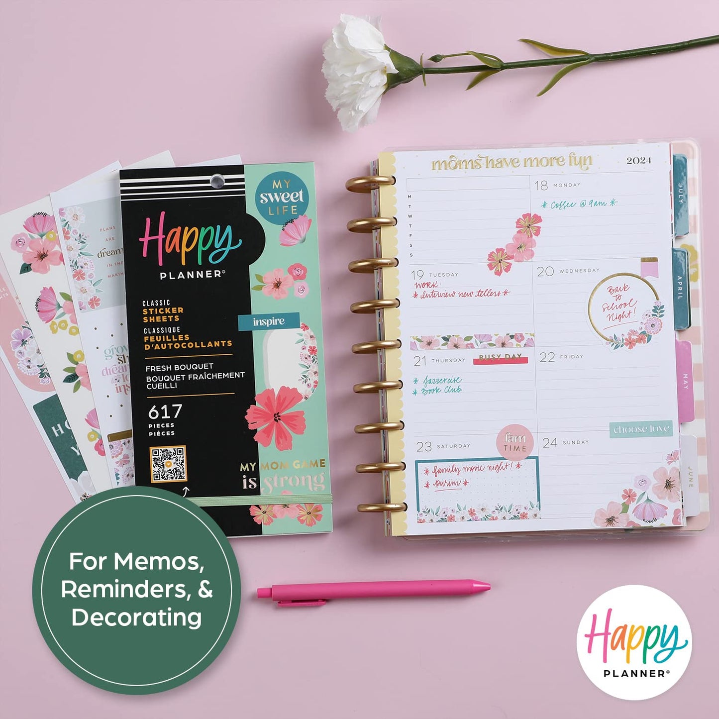 Happy Planner Sticker Pack for Calendars, Journals, and Diary Planners, Multicoloured Scrapbook Accessories, Fresh Bouquet Theme, Classic Size, 30 Sheets, 617 Total Stickers