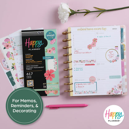 Happy Planner Sticker Pack for Calendars, Journals, and Diary Planners, Multicoloured Scrapbook Accessories, Fresh Bouquet Theme, Classic Size, 30 Sheets, 617 Total Stickers