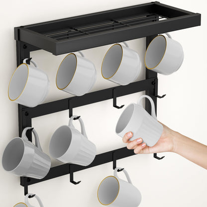 SZUGCOTD Coffee Mug Rack Wall Mounted, Rustic Metal Mug Holder Organizer with 12 Hooks and Top Shelf Cup Storage Rack for Home Kitchen Coffee Bar Station Mug Display and Collection