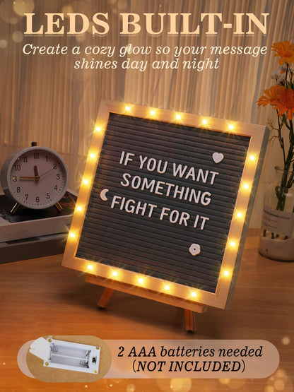 Changeable Felt Letter Board with LED Lights - 10×10" Message Custom Signs & Wood Stand & 450 Letters, Poster Board for Baby/Pregnancy Announcement/Classroom Wall Decor Gifts First Day of School, Grey