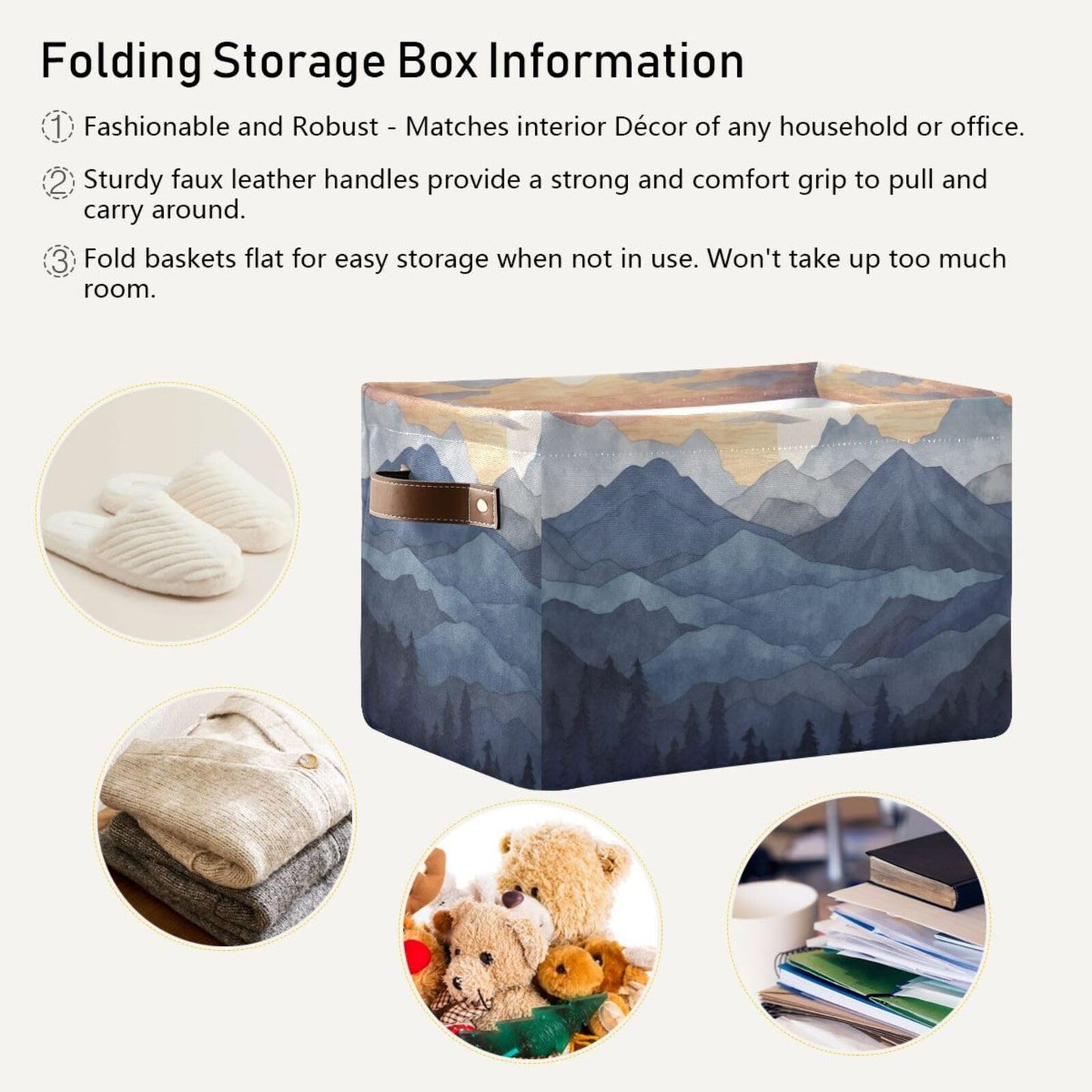 YEGAME Storage Basket Nature Mountain Rectangular Collapsible Canvas Shelves Storage Bins with Leather Handles for Shelves Home Closet Bedroom Living Room, 1Pack