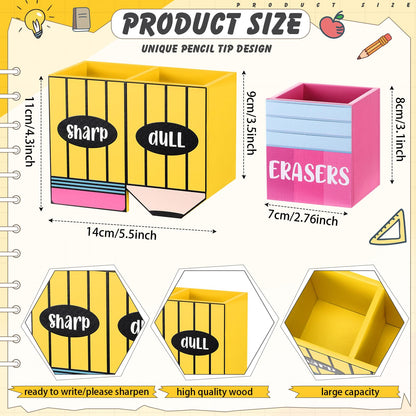 Eaasty Pencil Shaped and Sharp Dull Holder Eraser Wooden Dispenser Pencil Storage 3 Compartments for Back to School Teachers Classroom Organization(2 Pack,Simple)