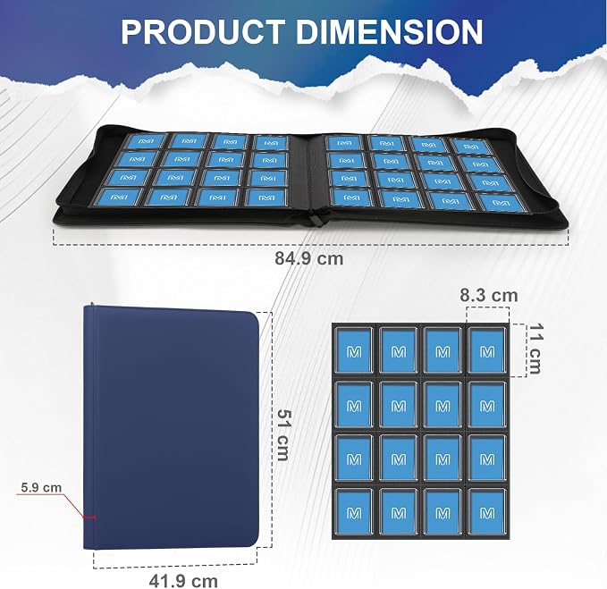 16 Pocket Toploader Binder,Holds 640 TopLoaders,Top Loader Binder for 3" x 4"Rigid Cards,Sleeves Card Collection Binder,20 Double Sided Pages,Compatible with Trading & Sports Holder (16Dark Blue)