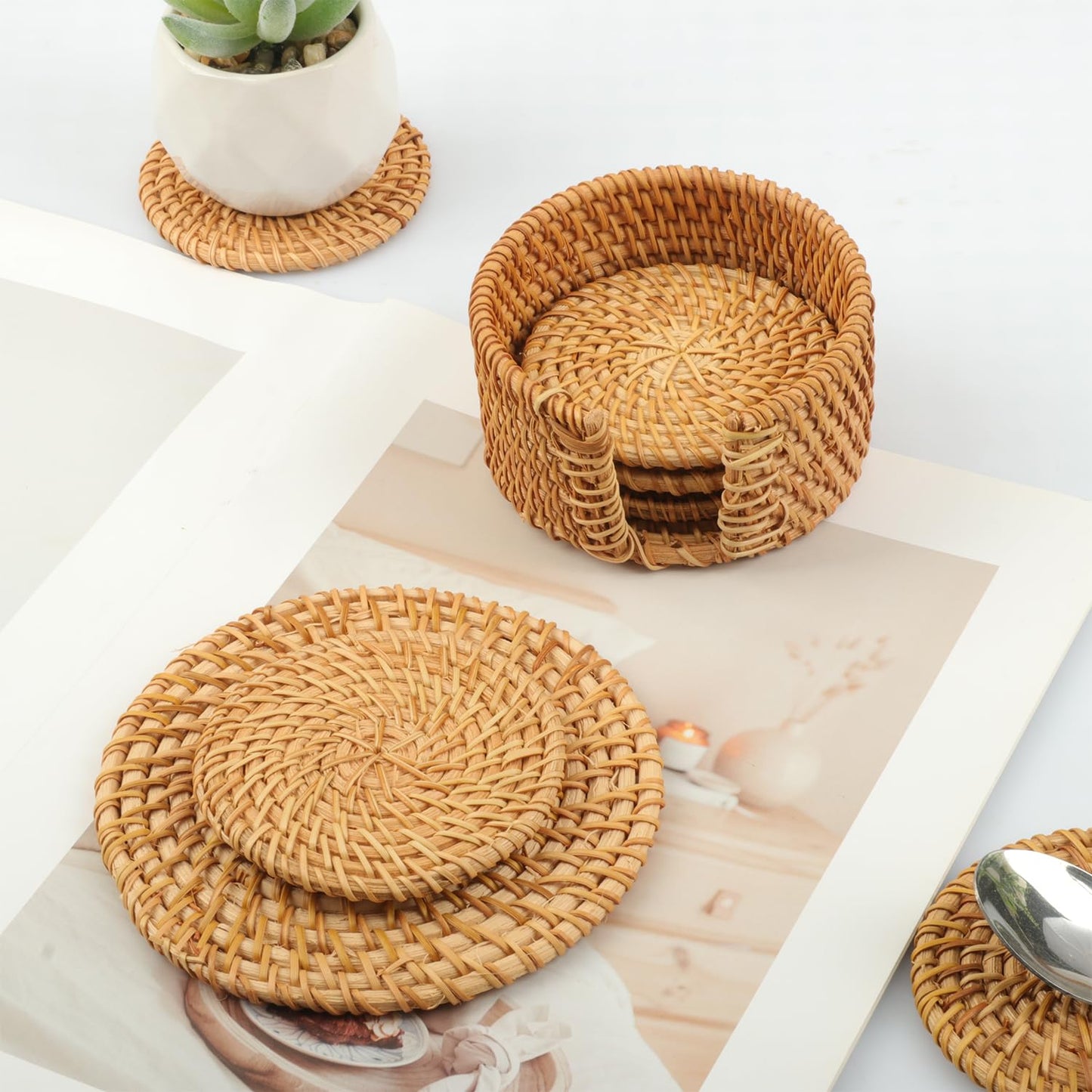 Yiksonyo 12 PC 3.15 inch Rattan Coasters, Handmade Wicker Drink Coasters with Matching Holder, Natural Round Rattan Placemats for Coffee Table, Bar, and Home Décor