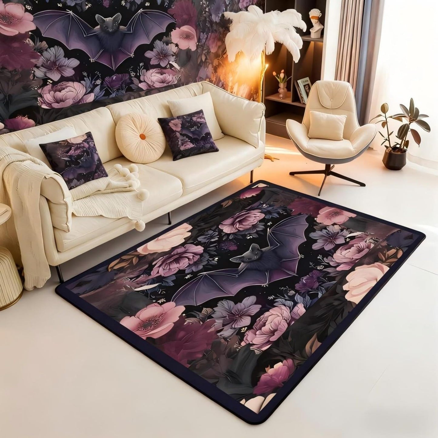 Black Floral Bat 5x7 Area Rug Halloween Bats Living Room Rug | Boho Flowers Rugs for Bedroom, Romantic Plant Gothic Carpet Indoor Floor Mat