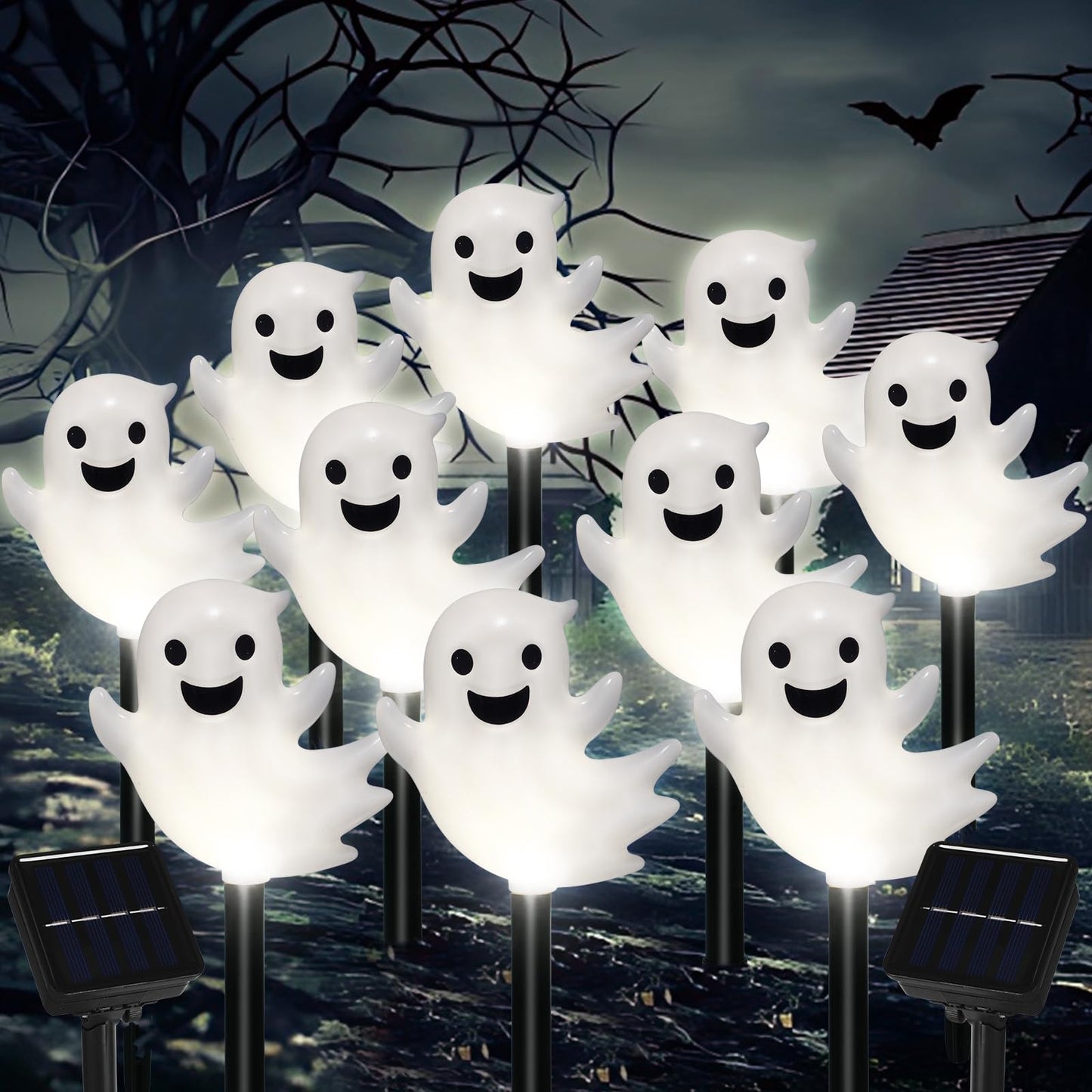 VOGVOG Solar Halloween Ghost Pathway Lights, 10 Pack 3D Lighted Outdoor Stake Decorations, Waterproof LED Yard and Garden Lights for Halloween Pathway, Lawn, Patio, and Holiday Decor (10-Ghosts-Cold)