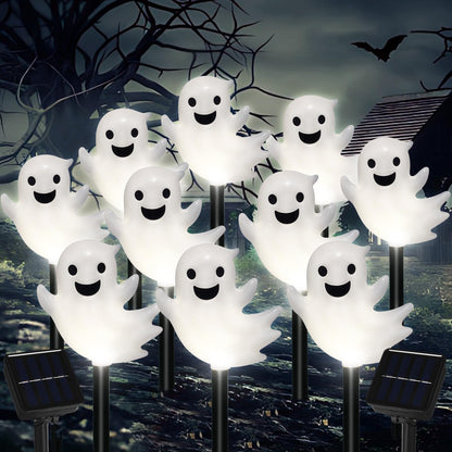 VOGVOG Solar Halloween Ghost Pathway Lights, 10 Pack 3D Lighted Outdoor Stake Decorations, Waterproof LED Yard and Garden Lights for Halloween Pathway, Lawn, Patio, and Holiday Decor (10-Ghosts-Cold)