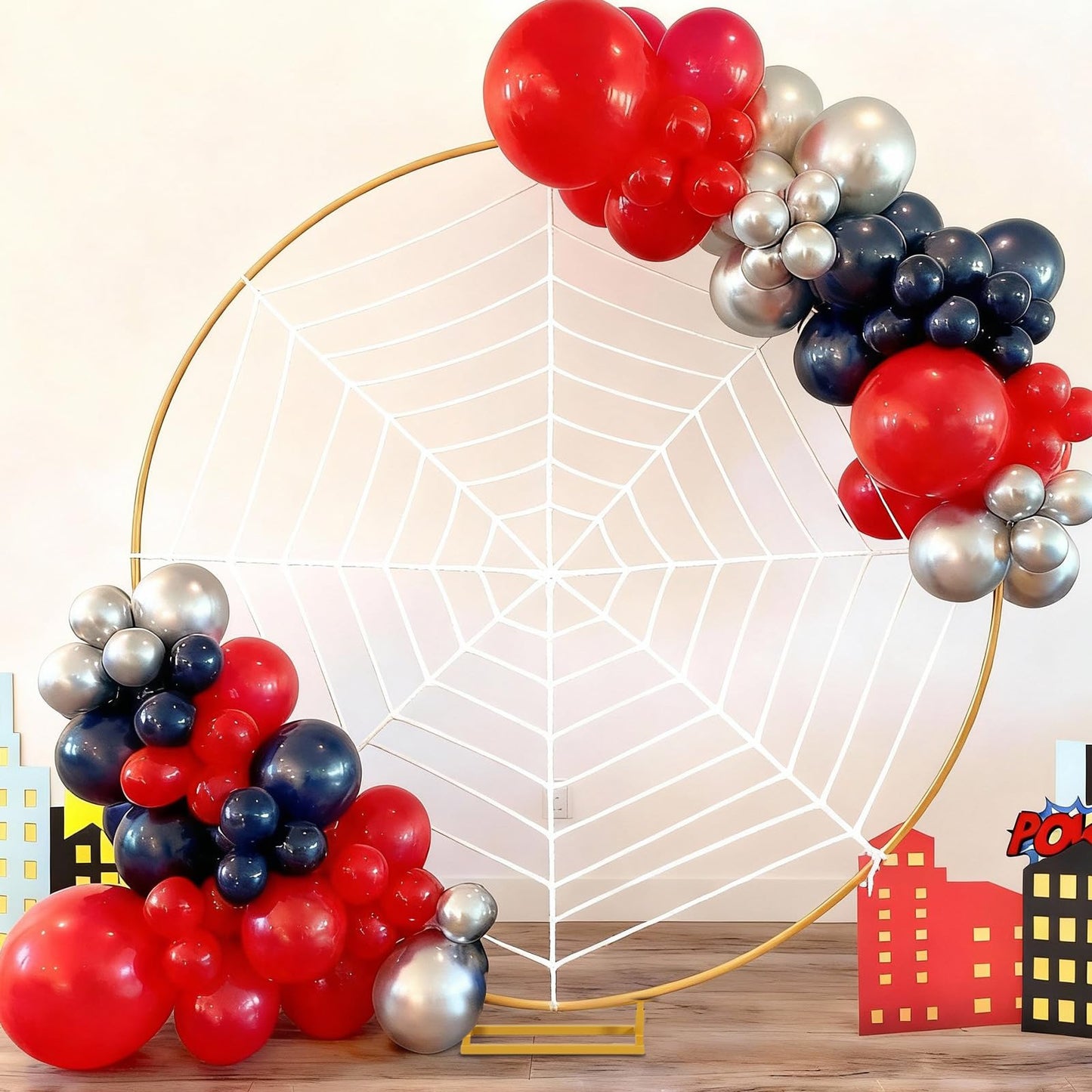 Kathfly Spider Theme Party Decorations, 7.2ft Metal Round Arch 8.2 ft Large Fake Spider Web Indoor Outdoor Cobweb for DIY Balloon Arch Kit Backdrop Halloween Haunted House Birthday Party Photo Props