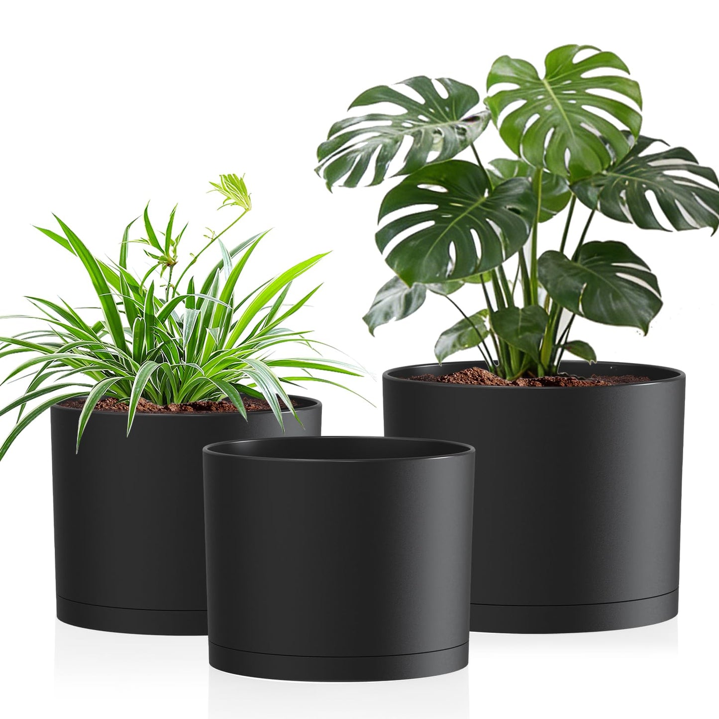 Areutxbis 10/9/8 Inch Large Plant Pots with Drainage Holes and Trays, 3 Pack Modern Minimalist Cylinder Planters for Monstera, Snake Plant, Indoor Outdoor (Matte Black)