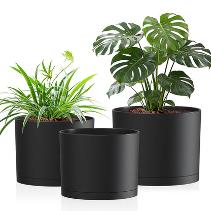 Areutxbis 10/9/8 Inch Large Plant Pots with Drainage Holes and Trays, 3 Pack Modern Minimalist Cylinder Planters for Monstera, Snake Plant, Indoor Outdoor (Matte Black)