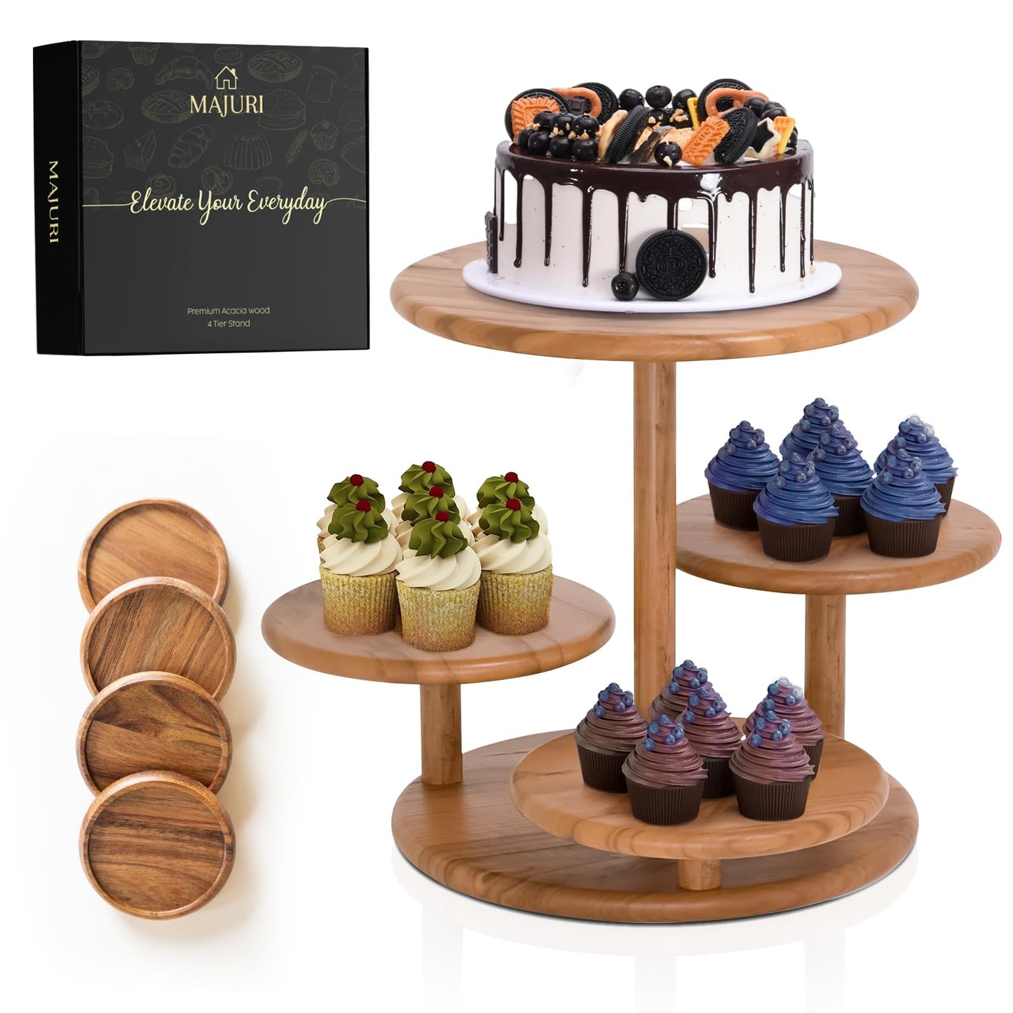 4 Tier Cupcake Stand, Cupcake Tower Stand 50 Cupcakes, Coasters Set of 4 Free, Halloween Cupcake Stand, Wooden Dessert Display for Birthday, Perfect for Tiered Cake Stand Enthusiasts