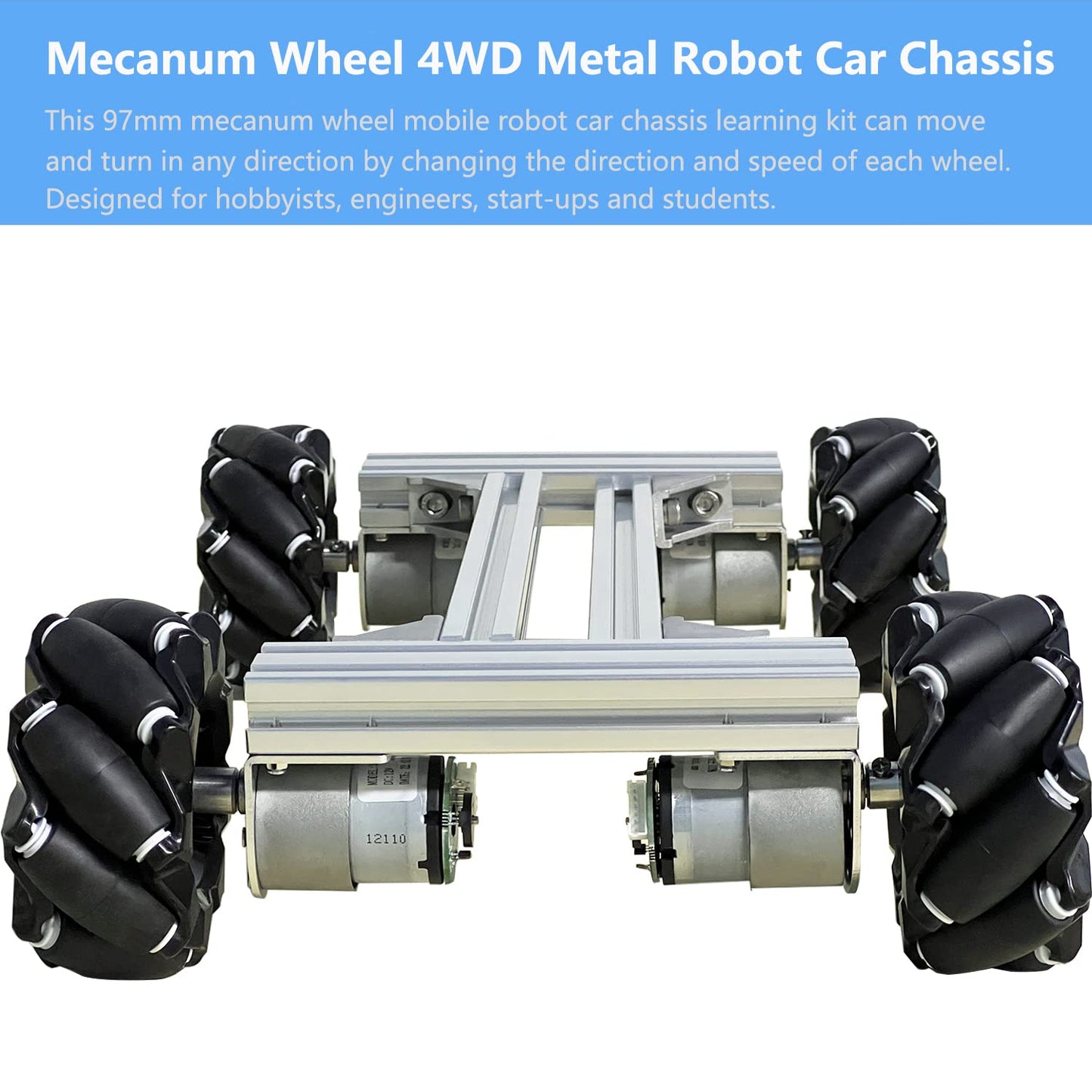 Mecanum Wheel 4wd Metal Robot Car Chassis Control Learning Kit for Arduino Raspberry Pie Microbit with DC Encoder Motor, DIY Steam AGV ROS AI Move Education Platform Robotic Functional Model Silver