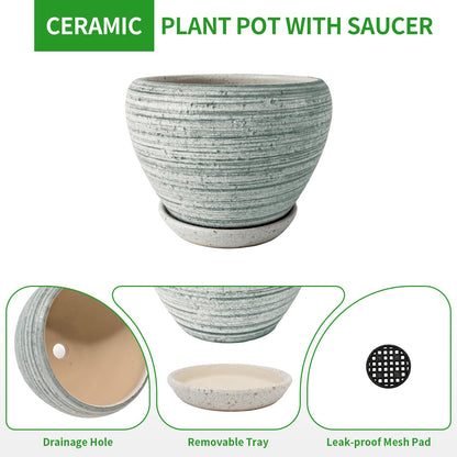 Deep Dream 6 Inch Plant Pots- Ceramic Planter Pot with Drainage Hole and Saucer, Round Flower Pot for Indoor Outdoor Succulent, Snake Plants and Cactus, Brushed Green