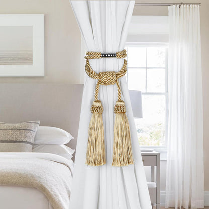 Fenghuangwu Magnetic Curtain Tiebacks 2 Pack Tassel Curtain Tieback Modern Handmade Tie Backs,Decorative Tassel Holdback for Draperies,Window Decor（Gold）