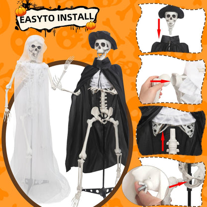 2PC 5.4Ft Life Size Skeletons with Stand Gothic Skeleton Bride and Groom Plastic Skeleton with Movable Joints for Halloween Party Haunted House Front Lawn Decoration