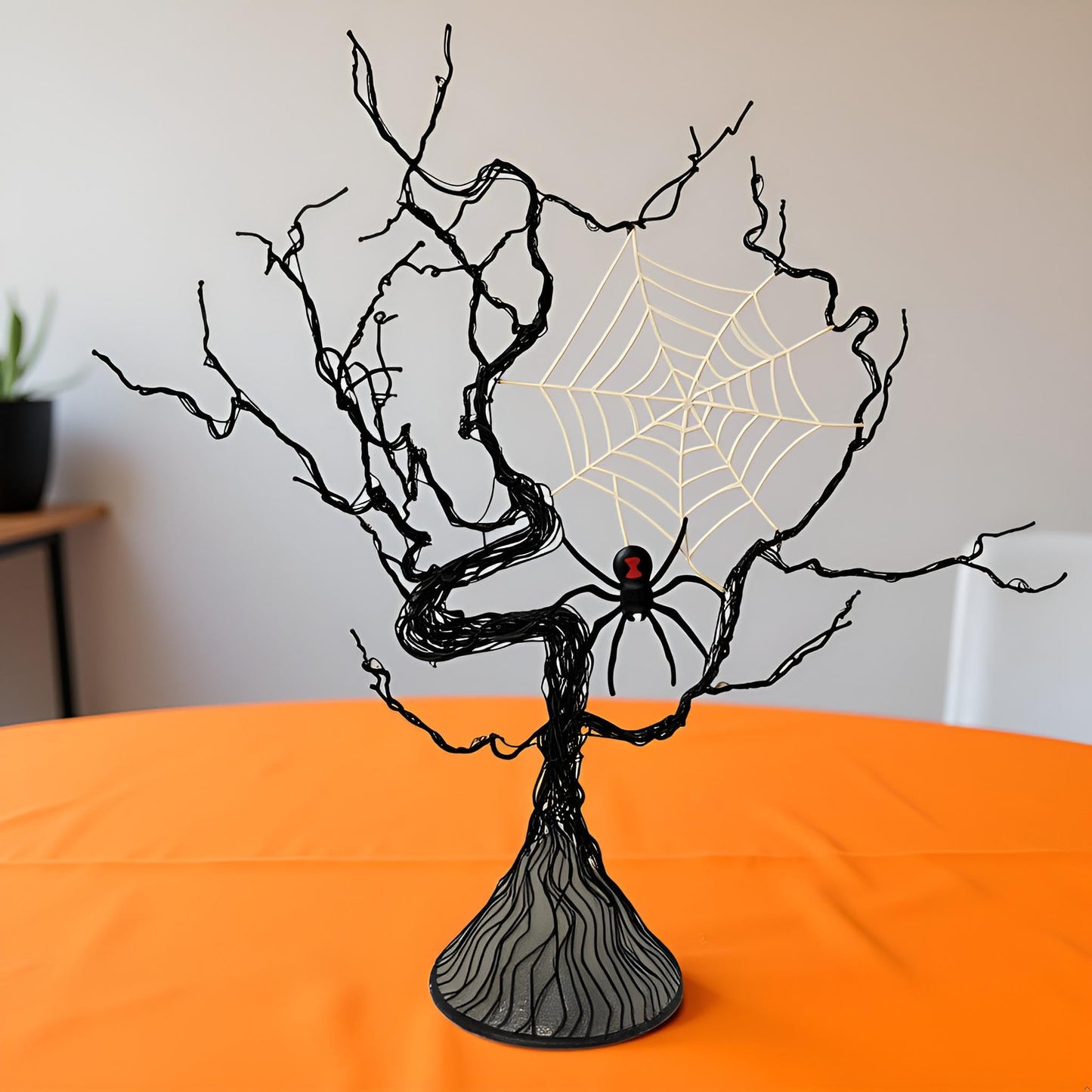 Haute Decor Halloween Tree with Spider - Lighted Black Metal Tree Halloween Centerpiece