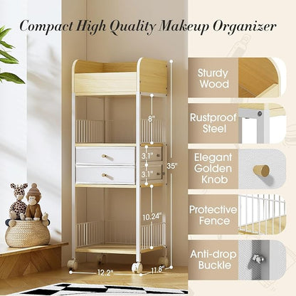 TidyStash Rolling Cart with Drawers 4-Tier Storage Cart with Large Drawers, Heavy-Duty Steel Frame and Wood Shelves Organizer for Makeup, Skincare Bathroom Kitchen Dorm Vanity Home Supplies